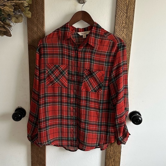 Y2K Decree Plaid Blouse Semi-Sheer Red Teal Yellow Button Front Women’s Medium - Picture 2 of 16